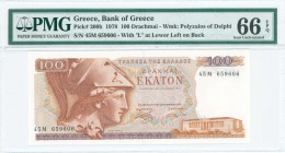 GREECE: 100 Drachmas (8.12.1978) in red and violet on multicolor unpt with Athena at left. S/N: "45M 659606". Variety: Letter "Λ" at lower left on bac...