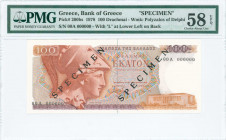 GREECE: Specimen of 100 Drachmas (8.12.1978) in red and violet on multicolor unpt with Athena at left. Two diagonal black ovpts "SPECIMEN" at center l...