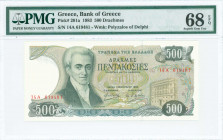 GREECE: 500 Drachmas (1.2.1983) in dark green on multicolor unpt with Ioannis Kapodistrias at left. S/N: "14A 619481". WMK: The Charioteer from Delphi...
