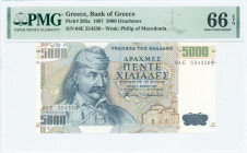 GREECE: 5000 Drachmas (1.6.1997) in dark blue on multicolor unpt with Theodoros Kolokotronis at left. S/N: "04E 554330". WMK: Philip the second and la...
