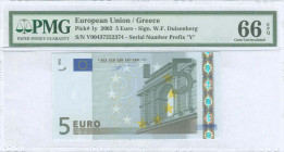 GREECE: 5 Euro (2002) in gray and multicolor with gate in classical architecture at right. S/N: "Y00437252374". Printing press and plate "P005H2". Sig...