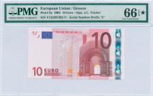 GREECE: 10 Euro (2002) in red and multicolor with gate in romanesque period. S/N: "Y12429739117". Printing press and plate "N018G3". Signature by Tric...