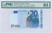 GREECE: 20 Euro (2002) in blue and multicolor with gate in gothic architecture. S/N: "Y03431789038". Printing press and plate "N006C2". Signature by T...