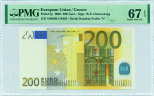 GREECE: 200 Euro (2002) in yellow and multicolor with gate in iron and glass architecture style between 19th and 20th century at right. S/N: "Y0003311...
