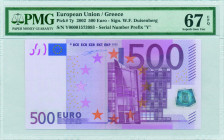 GREECE: 500 Euro (2002) in purple and multicolor with gate in modern architecture. S/N: "Y00001573993". Printing press and plate "R005D3". Signature b...