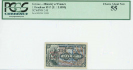 GREECE: 1 Drachma (ovpt on Hellas #43) of Law 991 of 1917 issue in black on orange and blue unpt with Athena at left. S/N: "Σ1744 03980". The banknote...