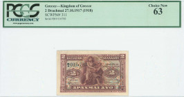 GREECE: 2 Drachmas (ND 1922) in dark red on multicolor unpt with Orpheus with lyre at center. S/N: "B/4 016783". Printed by BWC. Inside holder by PCGS...