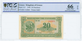 GREECE: 20 Drachmas (6.4.1940) in green on light lilac and orange unpt with God Poseidon at left. S/N: "B36 162864". WMK: Cell shape pattern. Printed ...