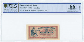 GREECE: 1 Drachma (18.6.1941) in red and blue on gray underprint with seated Aristippos from Kyrini at left. S/N: "M 489614". Printed by Aspiotis-ELKA...