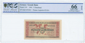 GREECE: 5 Drachmas (18.6.1941) in red and black on pale yellow with wall painting from Knossos at center. S/N: "KB 491832". Printed by Aspiotis-ELKA. ...