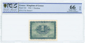 GREECE: 1 Drachma (9.11.1944) in blue on blue-green unpt with value at center. Printed in Athens. Inside holder by PCGS "Gem UNC 66 - OPQ". (Hellas 23...