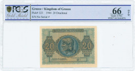 GREECE: 20 Drachmas (9.11.1944) in blue on orange unpt with God Zeus at center. Printed in Athens. Inside holder by PCGS "Gem UNC 66 - OPQ". (Hellas 2...