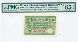 GREECE: 50 Reichspfennig (ND 1941) in green with eagle with swastika at bottom left, German treasury notes issued for occupied teritories. S/N: "122-8...