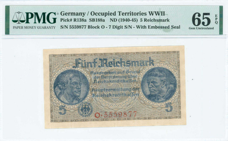 GREECE: 5 Reichsmark (ND 1941) in dark blue on gray and brown unpt with portrait...