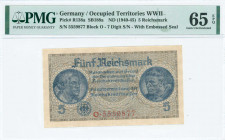 GREECE: 5 Reichsmark (ND 1941) in dark blue on gray and brown unpt with portrait of farmer at left and factory worker at right, German treasury notes ...