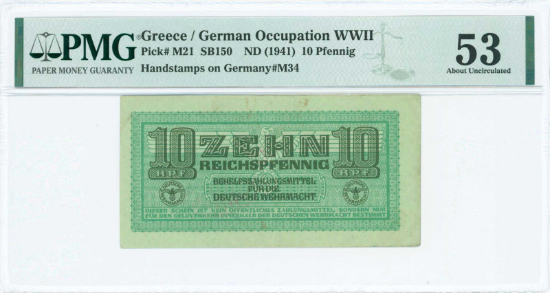 GREECE: 10 Reichpfennig (ND 1944) in light green with eagle with small swastika ...