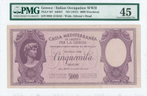 GREECE: 5000 Drachmas (ND 1941) in lilac on light violet unpt with David of Michael Angelo at left. S/N: "0001 514542". WMK: Goddess Athena and curved...