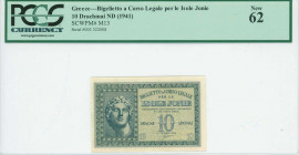GREECE: 10 Drachmas (ND 1942) in dark green on light green unpt with Alexander the Great at left. S/N: "003 322008". Printed in Italy. Inside holder b...