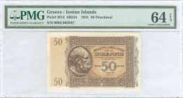 GREECE: 50 Drachmas (ND 1942) in dark brown on light brown unt with archaic head at left. S/N: "0003 065947". WMK: Cell shape pattern. Printed in Ital...