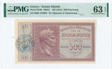 GREECE: 500 Drachmas (ND 1942) in lilac on light blue unpt with Augustus Ceasar at center left. S/N: "0003 316389". Blue cachet "ΒΑΣΙΛΕΙΟΣ ΡΑΠΟΤΙΚΑΣ Α...