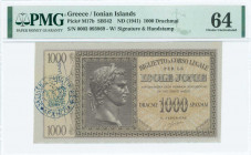GREECE: 1000 Drachmas (ND 1942) in dark brown on light brown unpt with Augustus Ceasar at center left. S/N: "0003 093869". Blue cachet "ΒΑΣΙΛΕΙΟΣ ΡΑΠΟ...