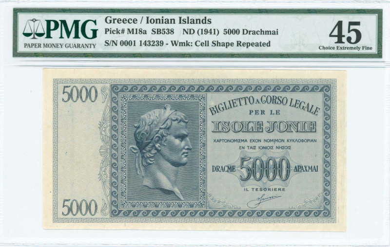 GREECE: 5000 Drachmas (ND 1942) in dark blue on light blue unpt with Augustus Ce...