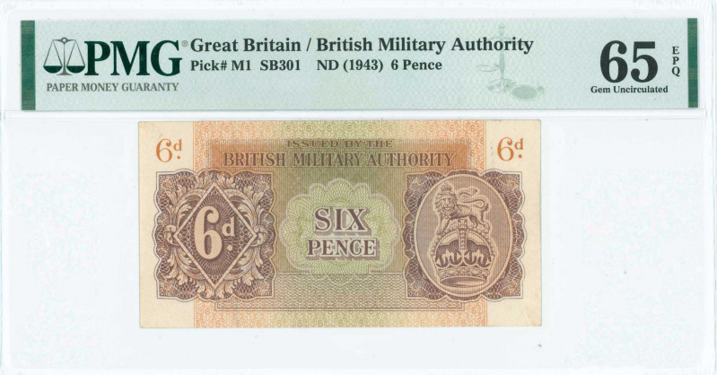 GREECE: 6 Pence (1944 circulated in Greece) in red-brown on green and orange unp...