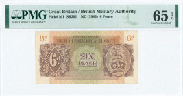 GREECE: 6 Pence (1944 circulated in Greece) in red-brown on green and orange unpt with Coat of Arms of the British army at right. Printed by Bank of E...