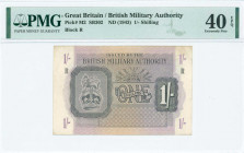 GREECE: 1 Shilling (1944 circulated in Greece) in black on gray and violet unpt with Coat of Arms of the British army at left. Block "R". Printed by B...