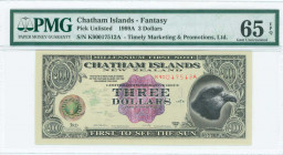 GREECE: CHATHAM ISLANDS / FANTASY: 3 Dollars (1999 A) with Chatham Islands Taiko at right. S/N: "K 90017512 A". Printed by Timely Marketing & Promotio...