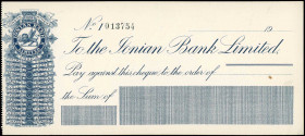 GREECE: Bank check issued by Ionian Bank Limited in blue with Banks Coat of Arms at upper left with all Banks branches locations mentioned. S/N: "I 01...