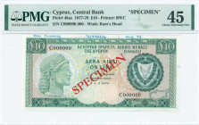 GREECE: Specimen of 10 Pounds (1.6.1979) in dark green and blue-black on multicolor unpt with archaic male bust at left and Coat of Arms at right. S/N...