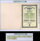 GREECE: "BANK OF THESSALONIKI" bond certificate for 1 share (No. 21440) of 100 Francs, issued in Thessaloniki on 1.1.1910. Inside holder by PMG "About...