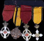 GREECE: Group of 4 medals mounted on a bar. From left to right: Royal Order of George I - Knights Silver Cross (5th class), medal of Military Merit (1...