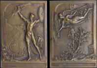 GREECE: Athens Intermediary Olympic Games (1906) participation plaquette in bronze. An athlete stands before the Panathenean Olympic Stadium holding a...