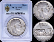 ALBANIA: 5 Franga Ari (1926 R) in silver (0,900) with head of Zog I facing right. Man with plow on reverse. Variety: No star below head. Inside slab b...