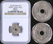 BELGIUM: 10 Centimes (1903) in copper-nickel with center hole within crowned monogram, small date below and legend in French. Spray of leaves to left ...