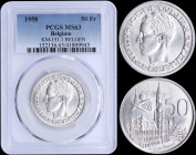 BELGIUM: 50 Francs (1958) in silver (0,835) commemorating Brussels World Fair with head of Baudouin facing left with circle, legend in Dutch with "DER...