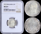 BULGARIA: 1 Lev (1913) in silver (0,835) with head of Ferdinand I facing left. Denomination above date within wreath. Inside slab by NGC "MS 63+". (KM...