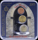 SAN MARINO: Set of 2 Cent + 20 Cent + 2 Euro (2005). Inside official blister commemorating St Francis Gate. (KM 441 + 444 + 447). Brilliant Uncirculat...