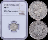 SWITZERLAND: 5 Rappen (1907 B) in copper-nickel with head of Helvetia facing right. Value within wreath on reverse. Inside slab by NGC "MS 66+". Top g...