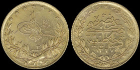 TURKEY: 100 Kurush [1327//3 (=1909-1912)] in gold (0,917) with Toughra. Inscription and date within wreath on reverse. (KM 754). Uncirculated.