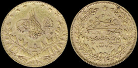 TURKEY: 50 Kurush [1327//9 (=1909-1917)] in gold (0,917) with Toughra. Inscription and date within wreath on reverse. slightly cleaned, rim damage. (K...