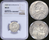 VATICAN CITY: 5 Lire (1929 VIII) in silver (0,835) with bust of Pope Pius XI facing left. St Peter in a boat on reverse. Inside slab by NGC "MS 65". (...