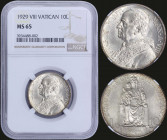 VATICAN CITY: 10 Lire (1929/VIII) in silver (0,835) with bust of Pope Pius XI facing left. Mary, Queen of Peace holding infant on reverse. Inside slab...