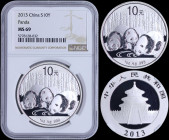 CHINA / PEOPLES REPUBLIC: 10 Yuan (2013) in silver (0,999) from Panda series with Temple of Heaven. Three pandas by a river, bamboo forest in backgrou...