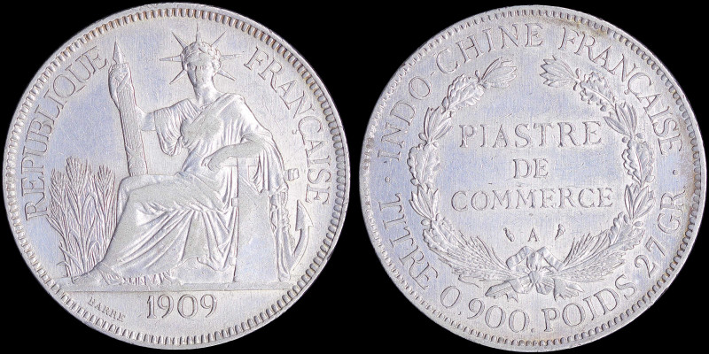 FRENCH INDO-CHINA: 1 Piastre (1909 A) in silver (0,900) with Liberty seated and ...