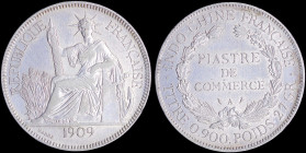 FRENCH INDO-CHINA: 1 Piastre (1909 A) in silver (0,900) with Liberty seated and date below. Denomination within wreath on reverse. Cleaned and surface...