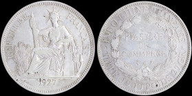 FRENCH INDO-CHINA: 1 Piastre (1927 A) in silver (0,900) with Liberty seated and date below. Denomination within wreath on reverse. Polished and black ...