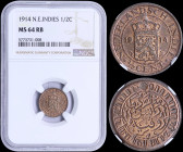 NETHERLANDS EAST INDIES: 1/2 Cent (1914) in bronze with crowned Arms divide date within circle. Value and inscription within circle on reverse. Mintma...